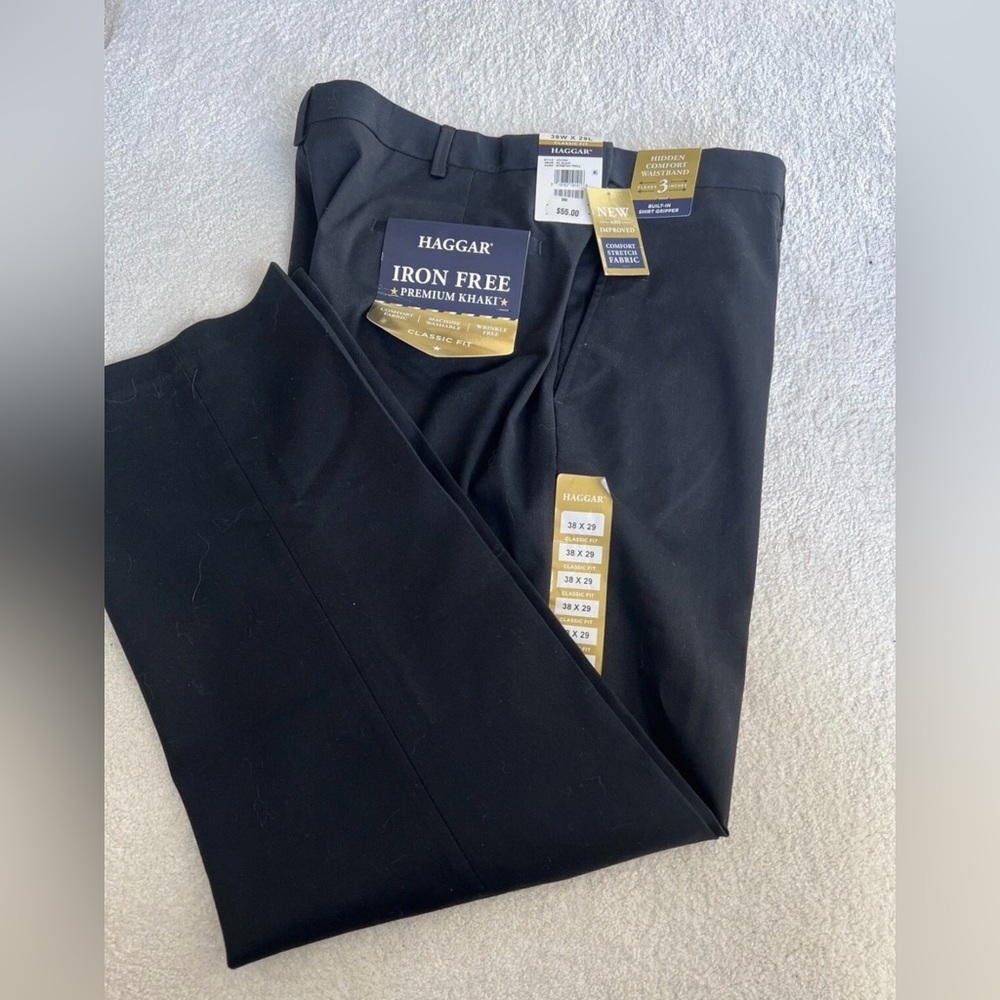 NWT haggar black stretch dress pants iron free premium khaki 38x29 $55